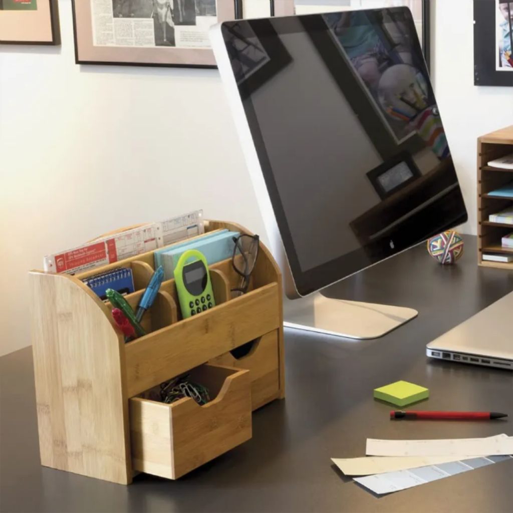 Rak Organizer Meja Serbaguna Bahan Bambu - Tempat Alat Tulis & Aksesoris Kantor Minimalis