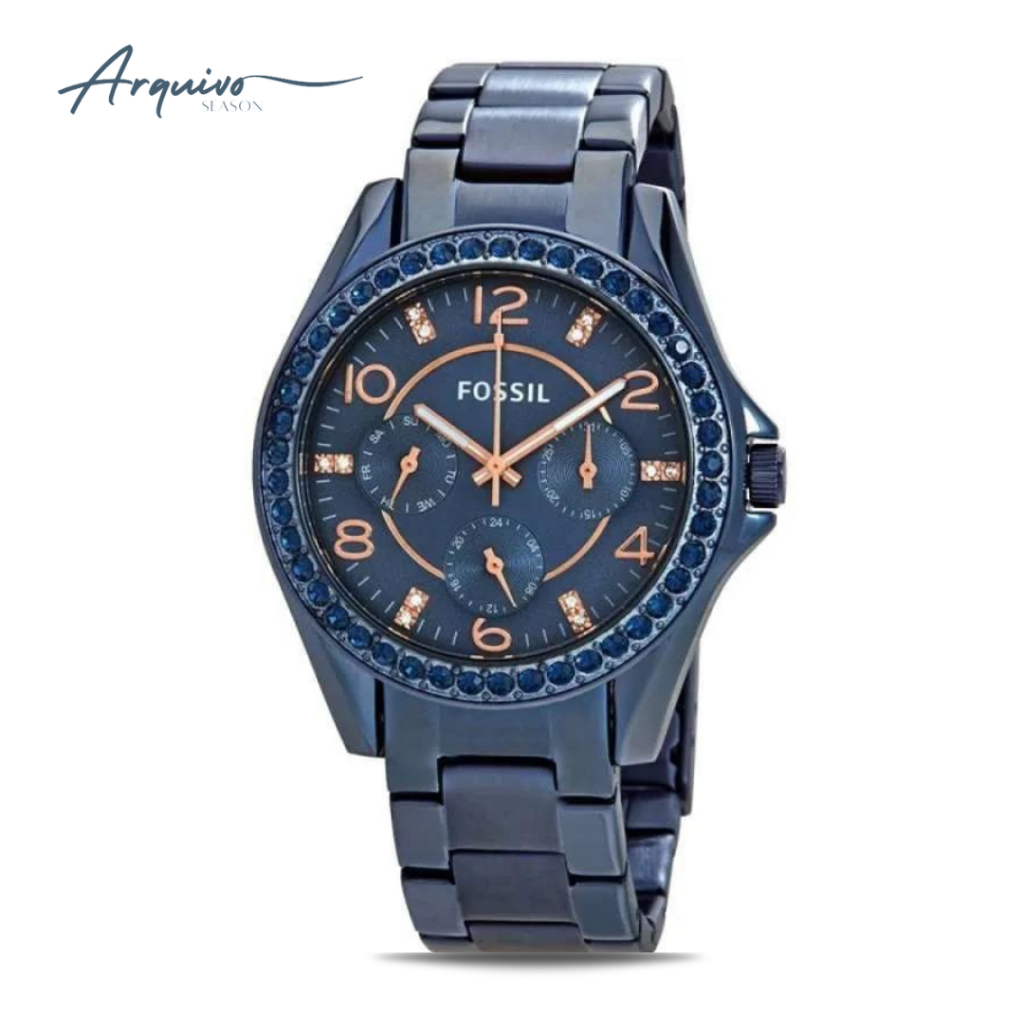 Jam Tangan Fossil Wanita Riley Chronograph Blue Stainless Steel Mewah Original ES4294