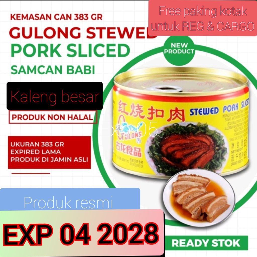 

Gulong SAMCAN / stewed pork sliced / babi kaleng sam can 383 gram kaleng besar non halal sanjit /