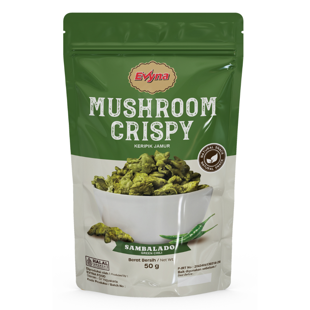 

Evyna Mushroom Crispy Keripik Jamur Rasa Sambalado Cabe Ijo 50gr