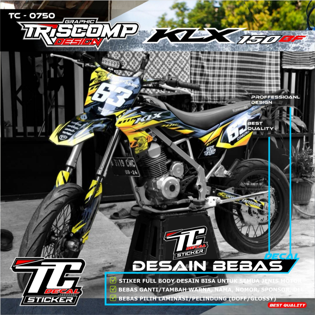 STICKER DECAL FULL BODY KLX 150 BF DTRACKER 150 New DTX MOTIF HITAM KUNING SUPER GLOSSY - LIST VARIA