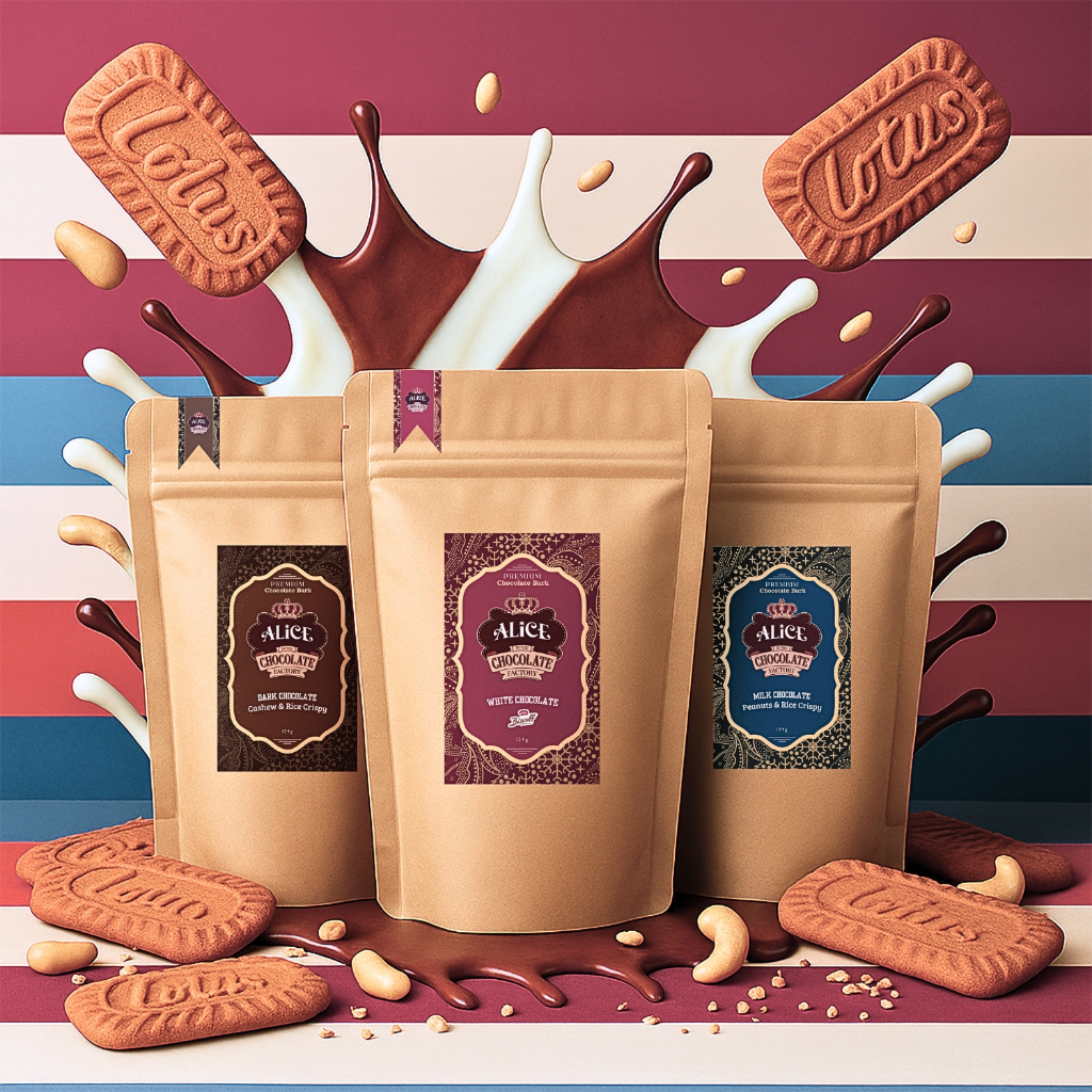 

ALICE CHOCOLATE - Tripple of Joy! (3 pcs mix) White Lotus Biscoff, Dark Cashew & Milk Nuts | Bundling 3 Pouch - White Biscoff, Dark Mente & Milk Nuts