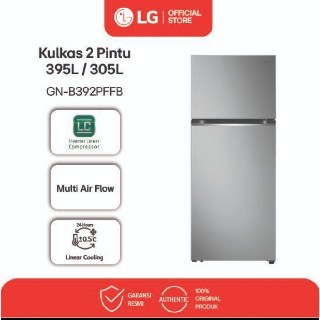 LG KULKAS 2PINTU 395L - TOP FREEZER - BIGGER BOX - SMART INVERTER GN-B392PFFB