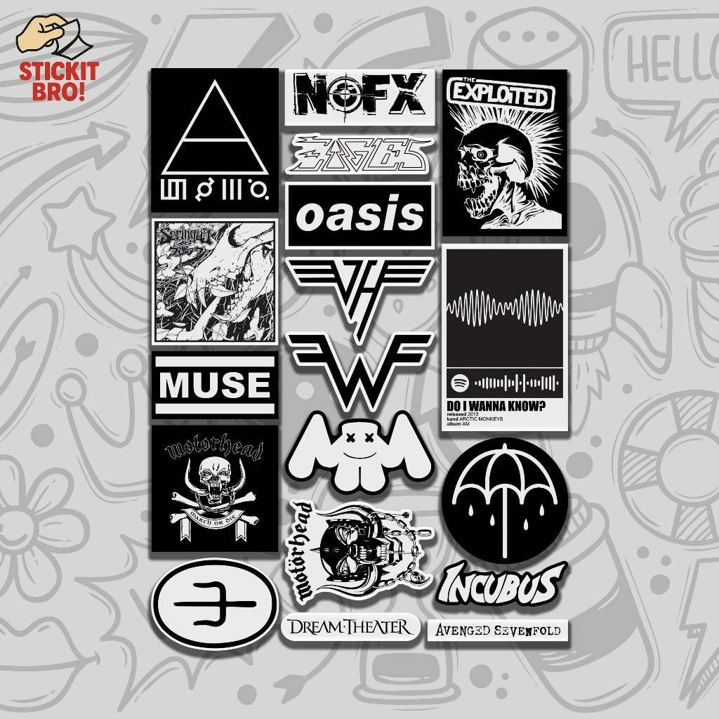 

Sticker Pack ROCK BAND VOL 05 Aesthetic Vynil Potongan KissCut Tumblr Helm Laptop BLACK & WHITE