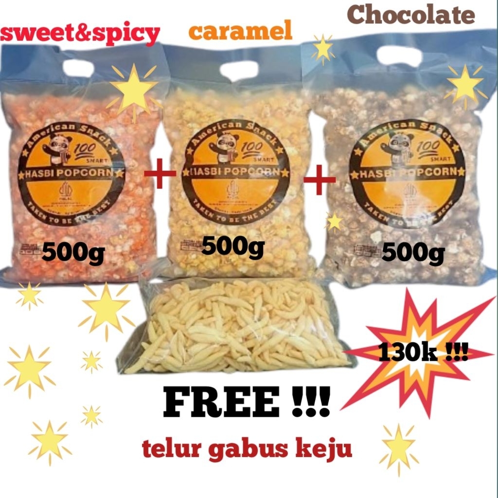 

[PAKET HEMAT 1.5 KG+BONUS] ALL VARIANT popcorn [caramel500g+sweetpicy500g+chocolate500g+telur gabus keju]