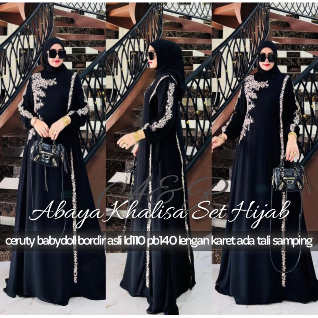 Abaya Khalisa Set Hijab/Abaya ceruty bordir plis hijab