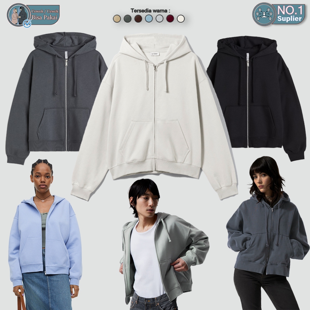 Zipper Boxy Oversize Basic Polos Lengan Balon Hoodie Zipper Wanita Sweater Wanita Crop Zip Basic Jak