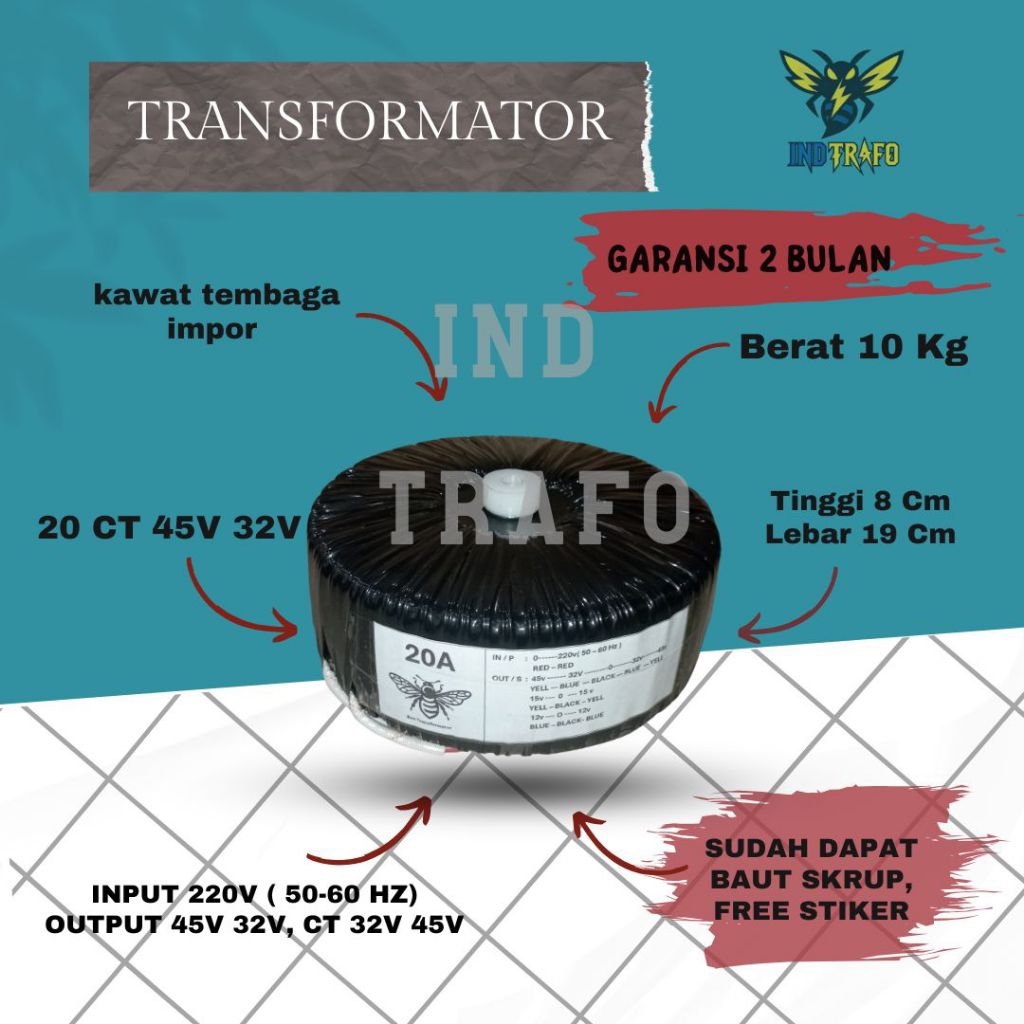 trafo toroid donat 20 ampere ct 45v - 32v