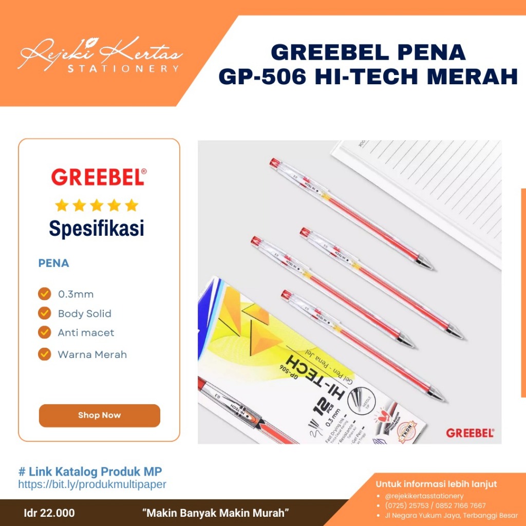 

Greebel Pena GP-506 Hi-tech Merah 0,5mm 1 pak isi 12