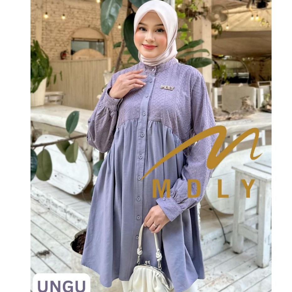 MDLY Sheva blouse atasan wanita kemeja kerja muslim Tunik bahan rayon katun Bordir lengan panjang