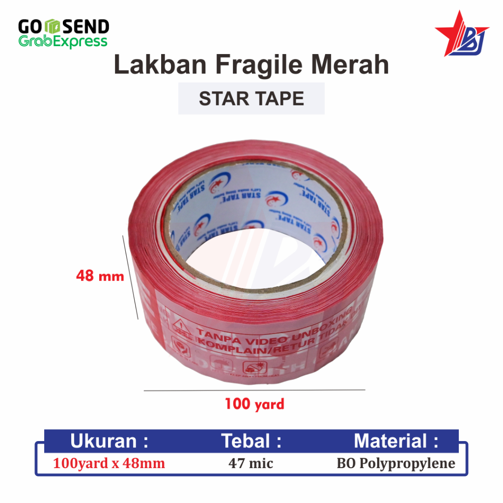 

STAR TAPE LAKBAN FRAGILE MERAH JANGAN DIBANTING MUDAH PECAH 45 MM X 100 YARD / TAPE/ ISOLASI