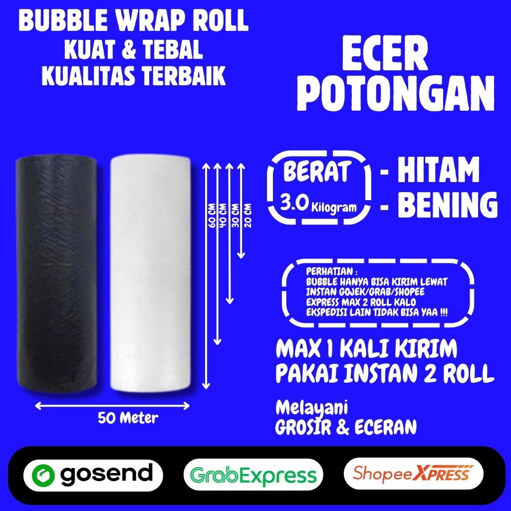 

Bubble Wrap Hitam/Bening Eceran Potongan Berat 3.0kg Panjang 50meter