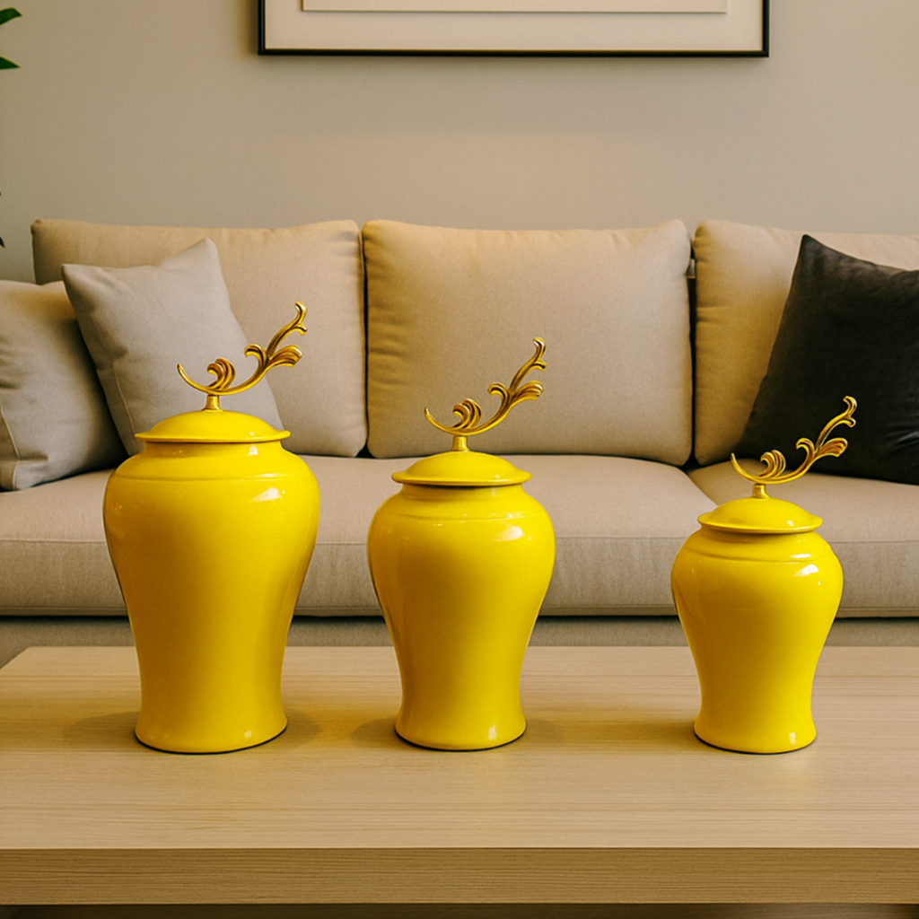 Toples Vas Keramik Kuning Glossy Ornamen Gold Elegan untuk Aksen Dekorasi Rumah dan Kantor