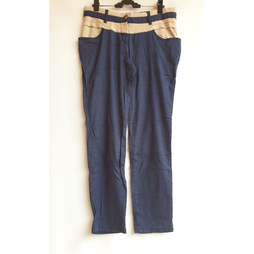 ♡ Celana Panjang Chino Two Tone Biru Navy Krem Cream Beige J.J Club Wanita Casual Preloved PL Prelov