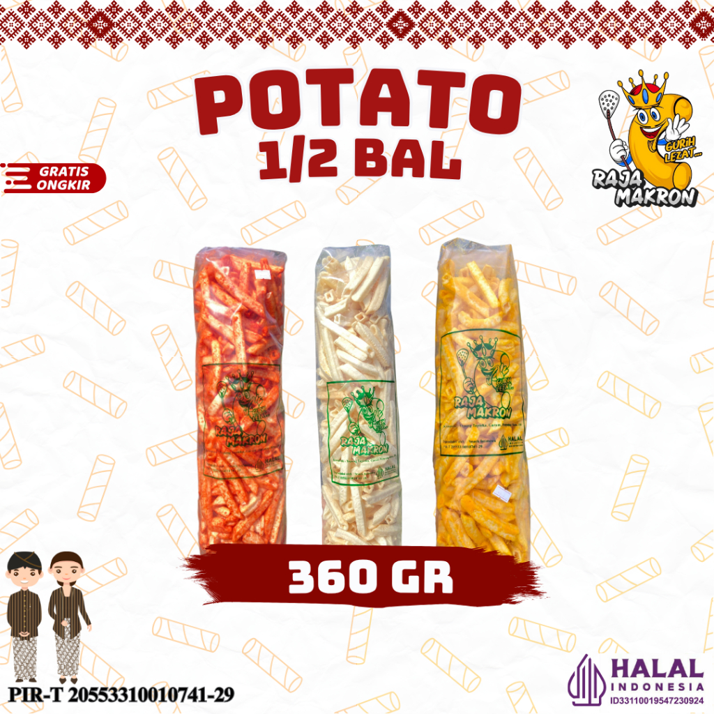 

1/2 BAL POTATO CAMILAN 360GR RASA ORIGINAL, BALADO, JAGUNG BAKAR Chips Snack Food Pedas Kering Cemilan Kentang