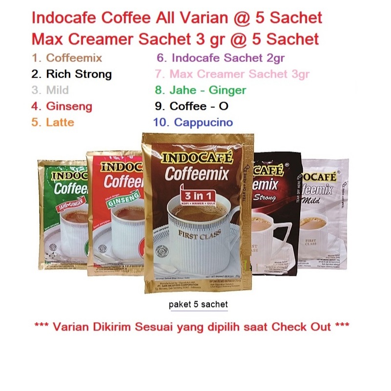 

INDOCAFE all Varian 5 sachet indocafe CoffeeMix Capucino Rich and Strong Mild Indocafe Ginseng Latte Coffee-o Max Creamer Coffee Blend Jahe Ginger