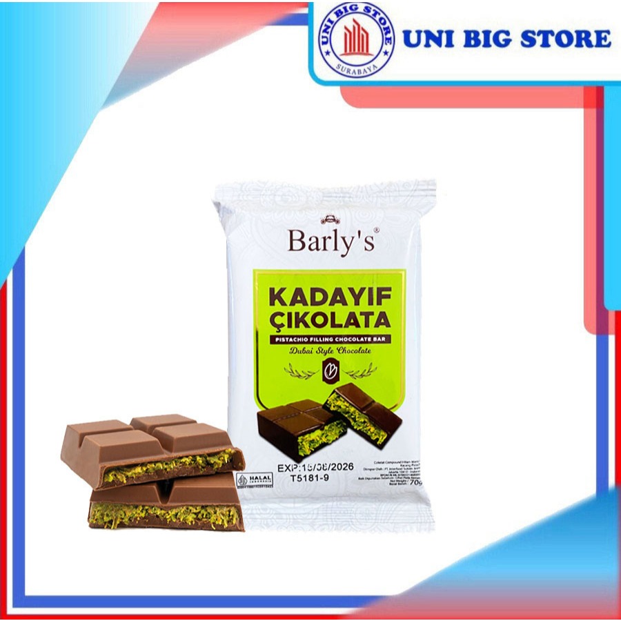 

Barly's Kadayif Cikolata Pistachio Filling Chocolate Bar 70 gr Cokelat Coklat Dubai