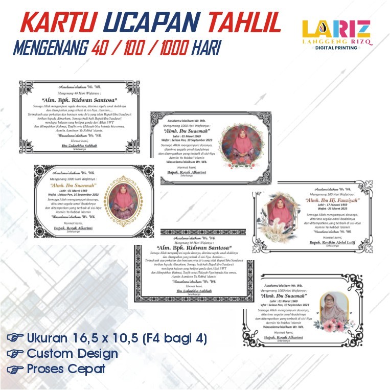 CETAK KARTU MENGENANG 40/100/1000 HARI WAFATNYA, MENINGGAL