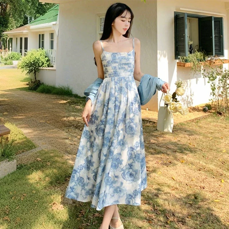 25003 Sky Blue Dress Vintage Big Size Jumbo Party Dress 2026 Floral Dress Summer Beach Off Shoulder 