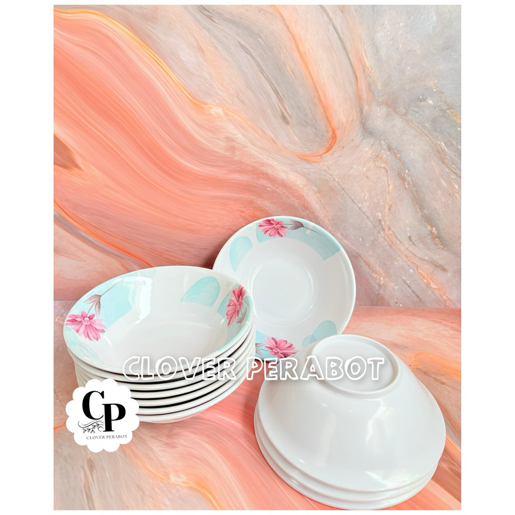 Limited Paket Set Melamin 1.Lusin Isi 6 Piring 6 Mangkok Melamin Motif Aster Ukuran 9 Inch Sni
