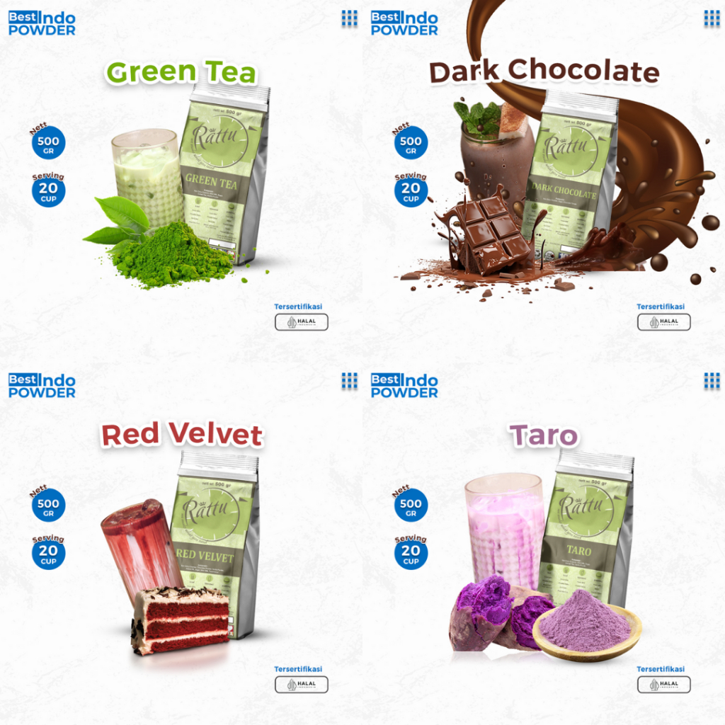 

Rattu Beverage Greentea / Red Velvet / Alpukat / Taro / Coklat Powder 500gr (Bubuk Minuman & Pudding Premium)