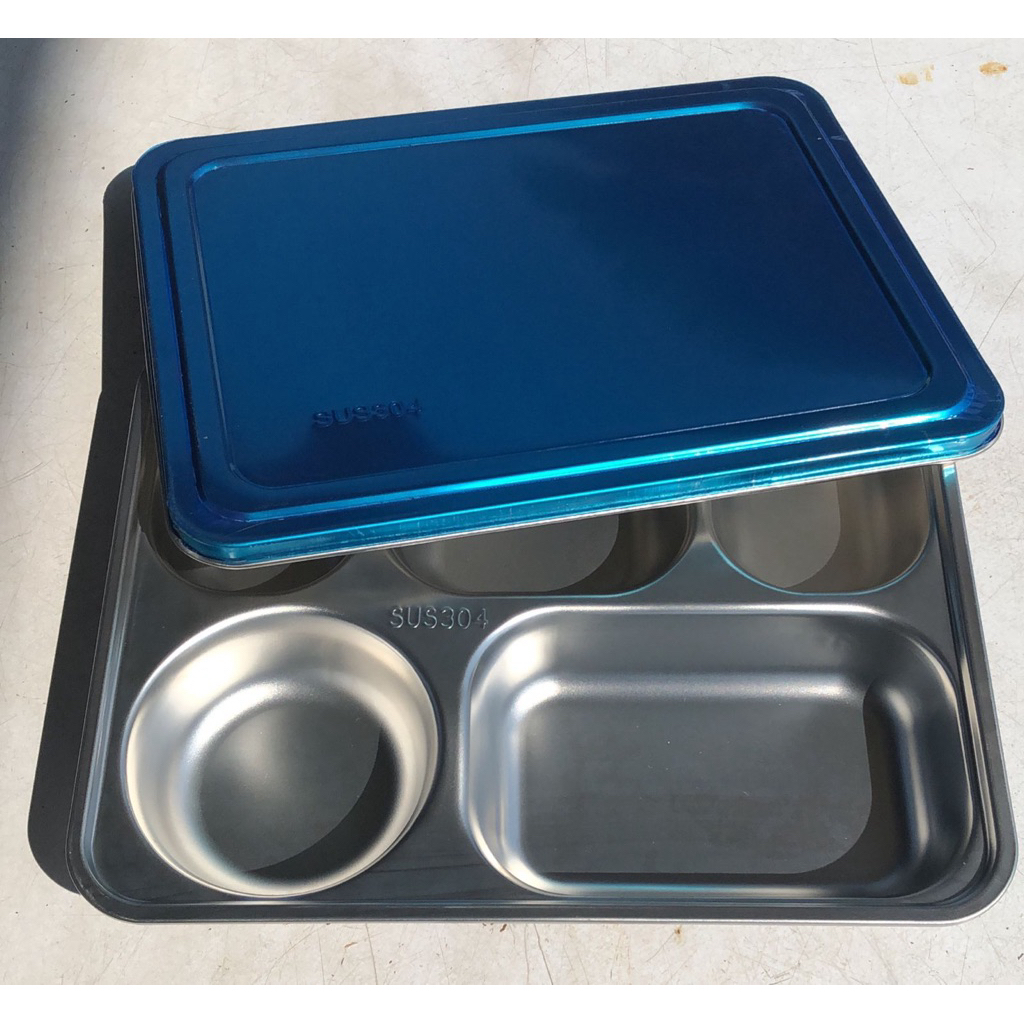 Piring Plato/ Tempat Makan Stainless + Tutup Stainless 5 Sekat