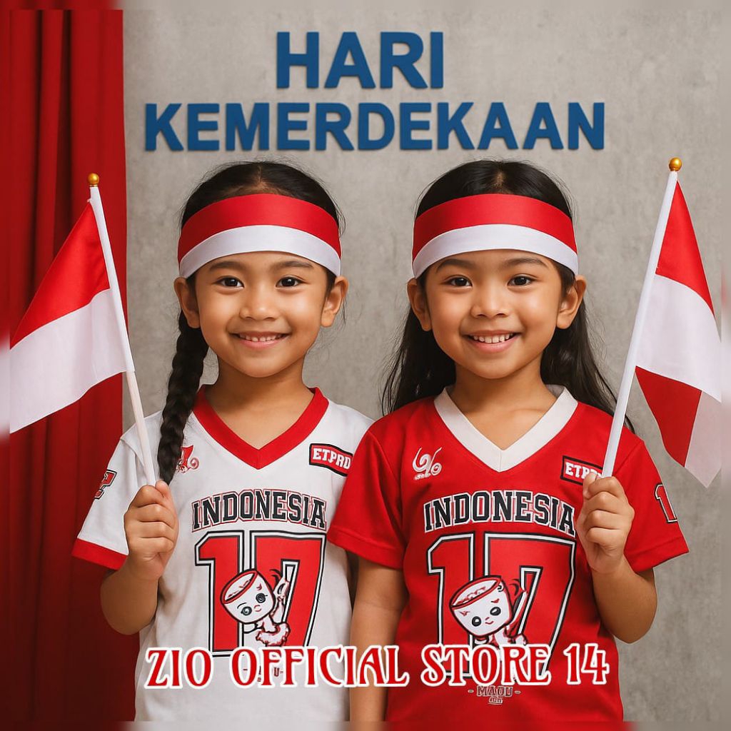 KAOS BAJU MERAH PUTIH KEMERDEKAAN ANAK PEREMPUAN UNTUK USIA 3-12 TAHUN