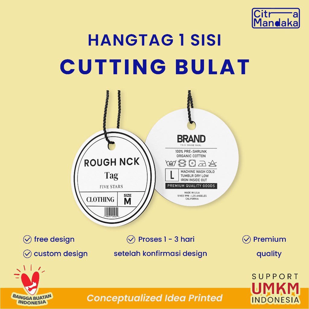 

Cetak Hang Tag Souvenir Custom Bentuk Bulat 1 Sisi | Label Baju Free Design