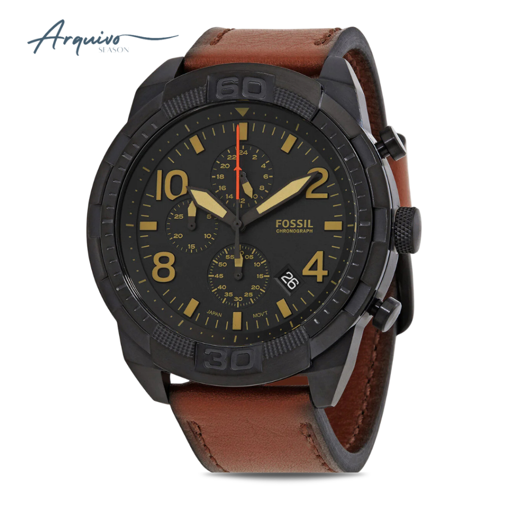 Jam Tangan Fossil Pria Bronson Chronograph Black Dial Brown Leather Strap Casual Sporty Original FS5