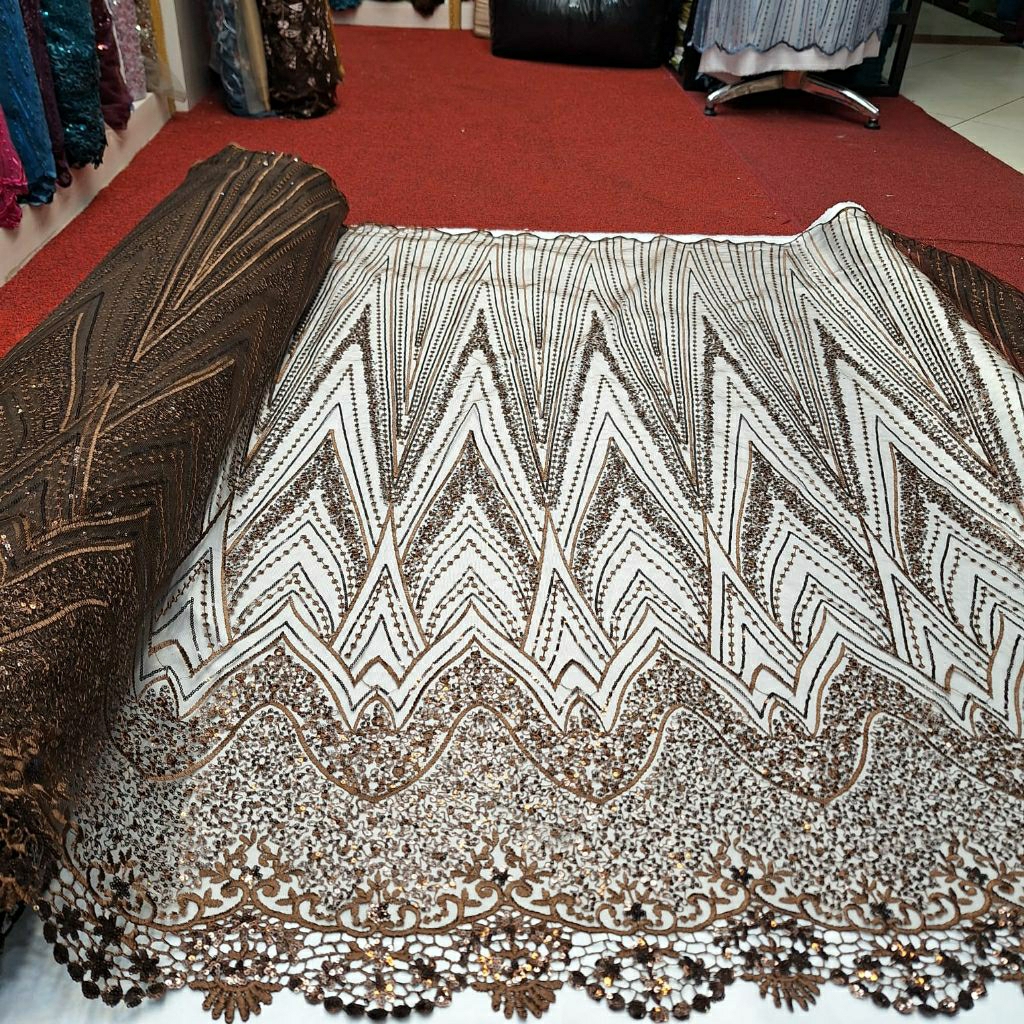 PROMO KAIN BAHAN TILE PAYET/BAHAN KEBAYA/TILE PAYET PIRAMID/TILE COKLAT MAHOGANY/BRUKAT COKLATMAHOGA
