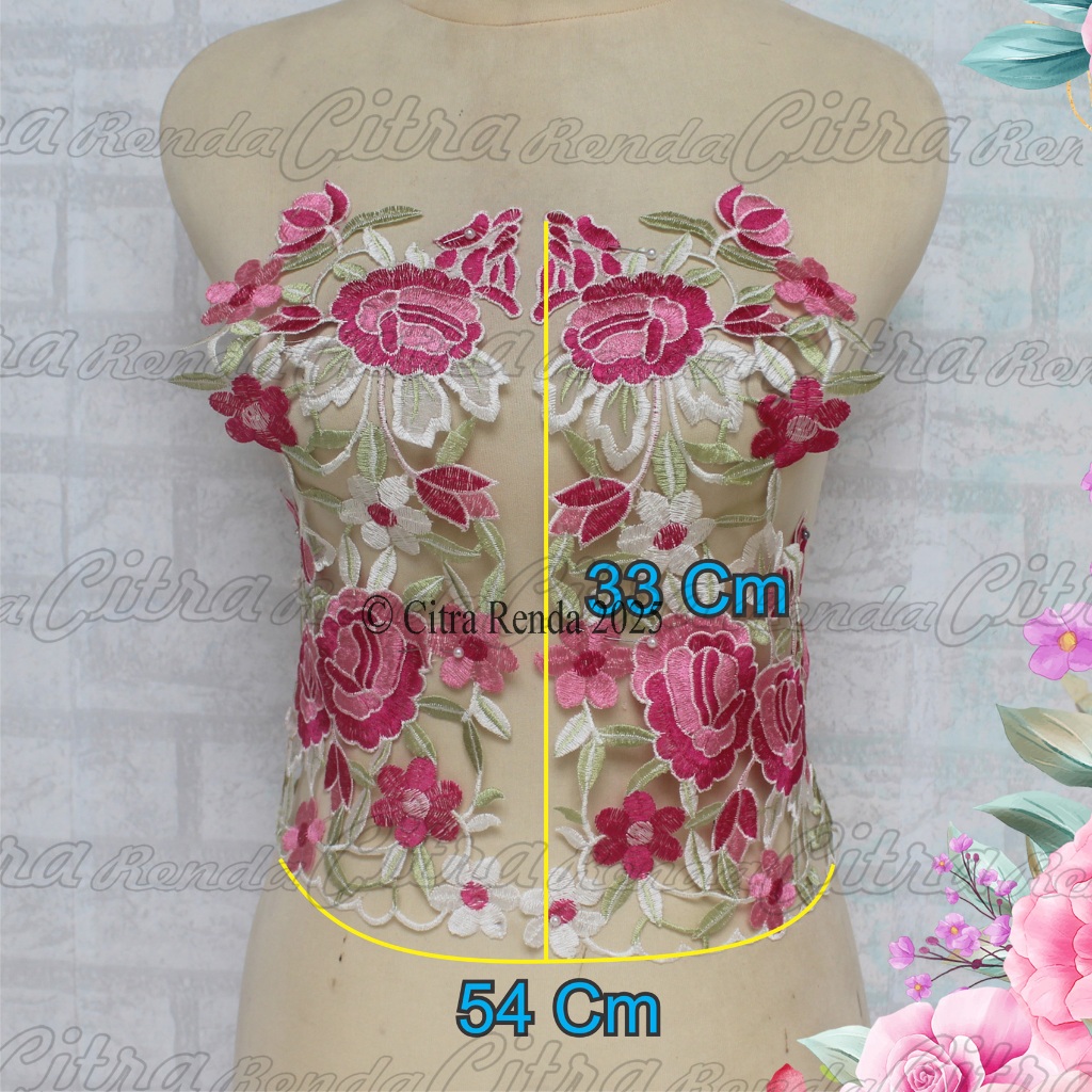 (Per Pasang) AP865 Bordir Tempel Untuk Kebaya / Patch Bordir Pink Cantik