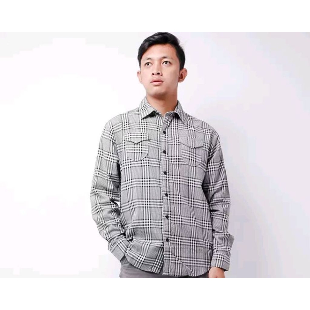 KEMEJA FLANEL PRIA LENGAN PANJANG TARTAN PUTIH ABU-ABU
