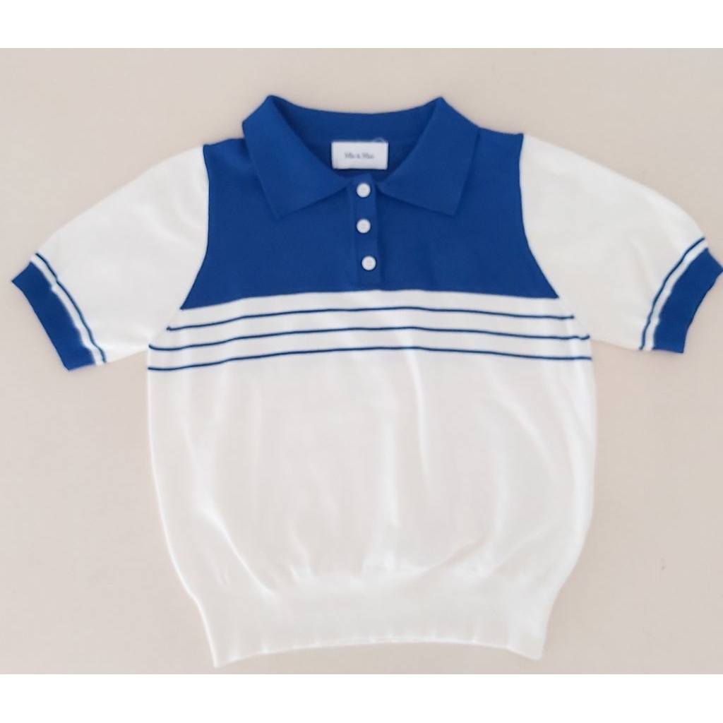 BLOUSE ATASAN WANITA RAJUT KEKINIAN BIRU ELEKTRIK KOMBINASI PUTIH PRELOVED