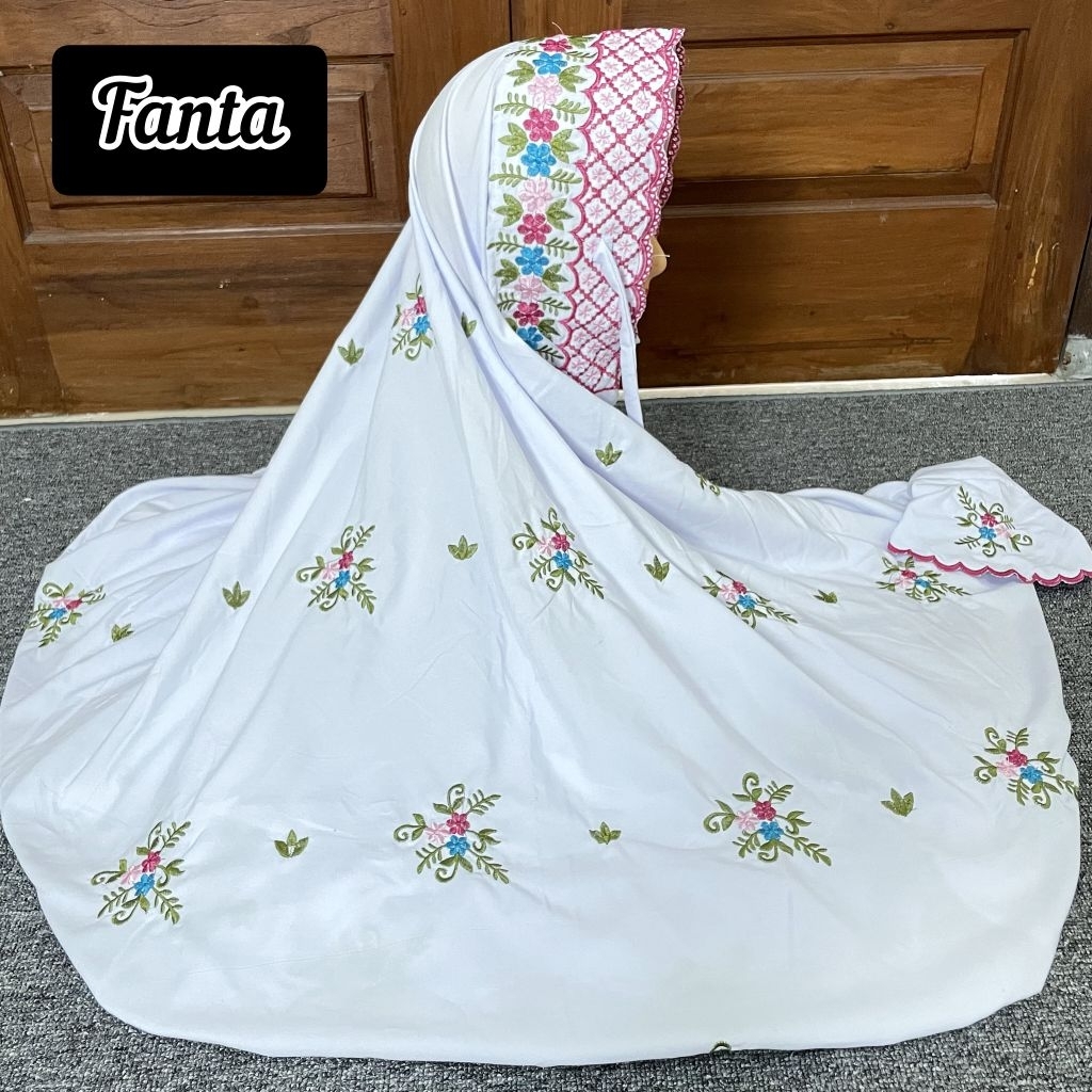MUKENA DEWASA TERUSAN BORDIR TABUR BUNGA MAWAR LAJURAN LANGSUNGAN MUKENAH SANTRIWATI PUTIH