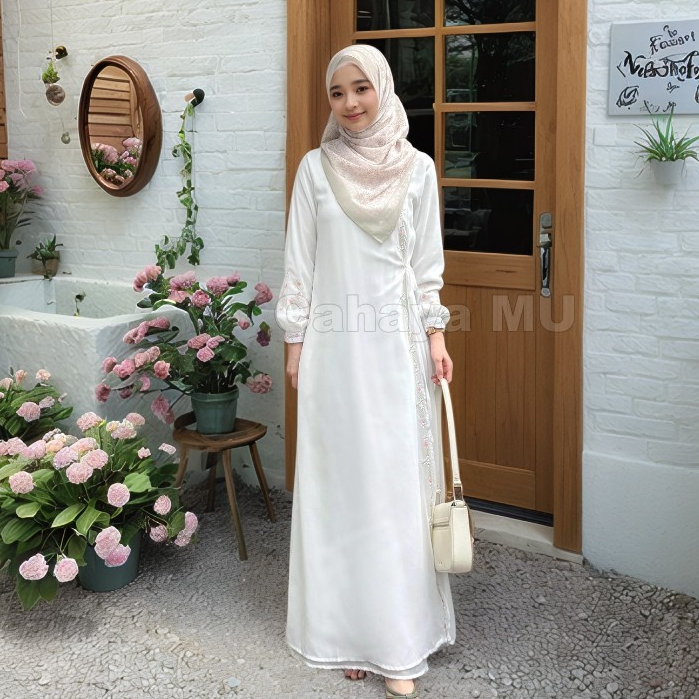 Gamis Putih Rayon Premium Lebaran Terbaru/Gamis Putih Motif Bunga Bordir