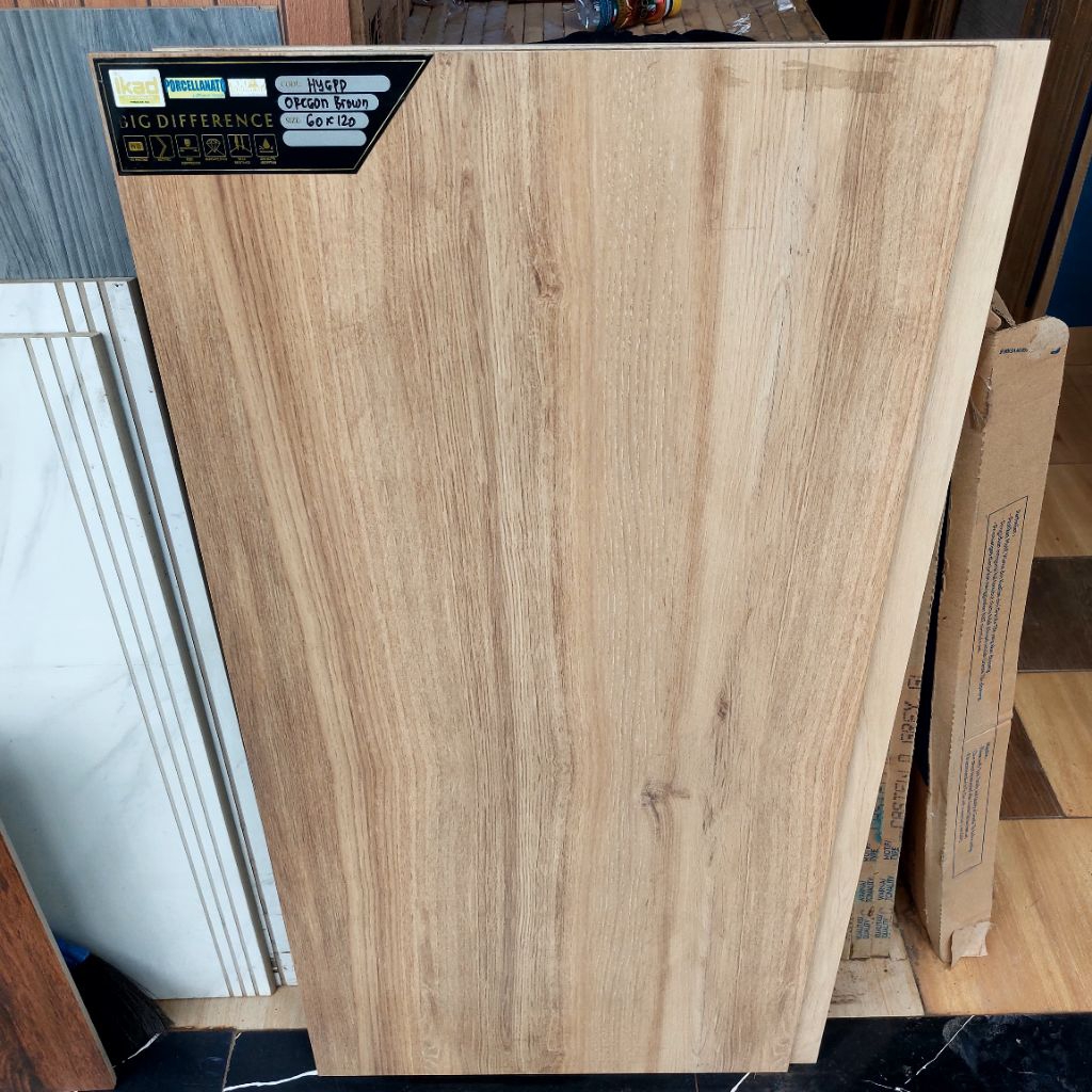 Granit lantai 60x120 motif kayu oregon brown ikad