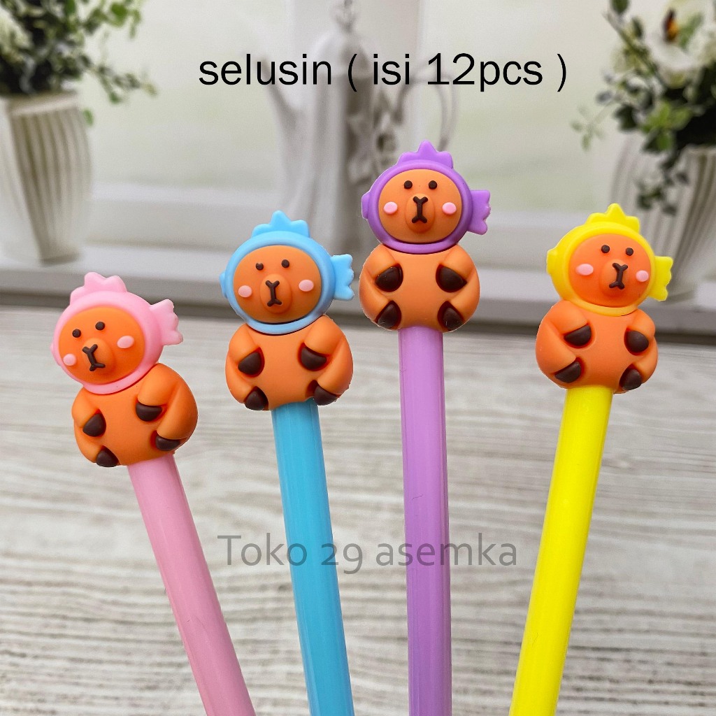 

12PCS SELUSIN PULPEN GEL CAPYBARA TOPI IKAN PGK-1929 PEN ALAT TULIS BOLPOIN UNIK PEN GEL KARAKTER