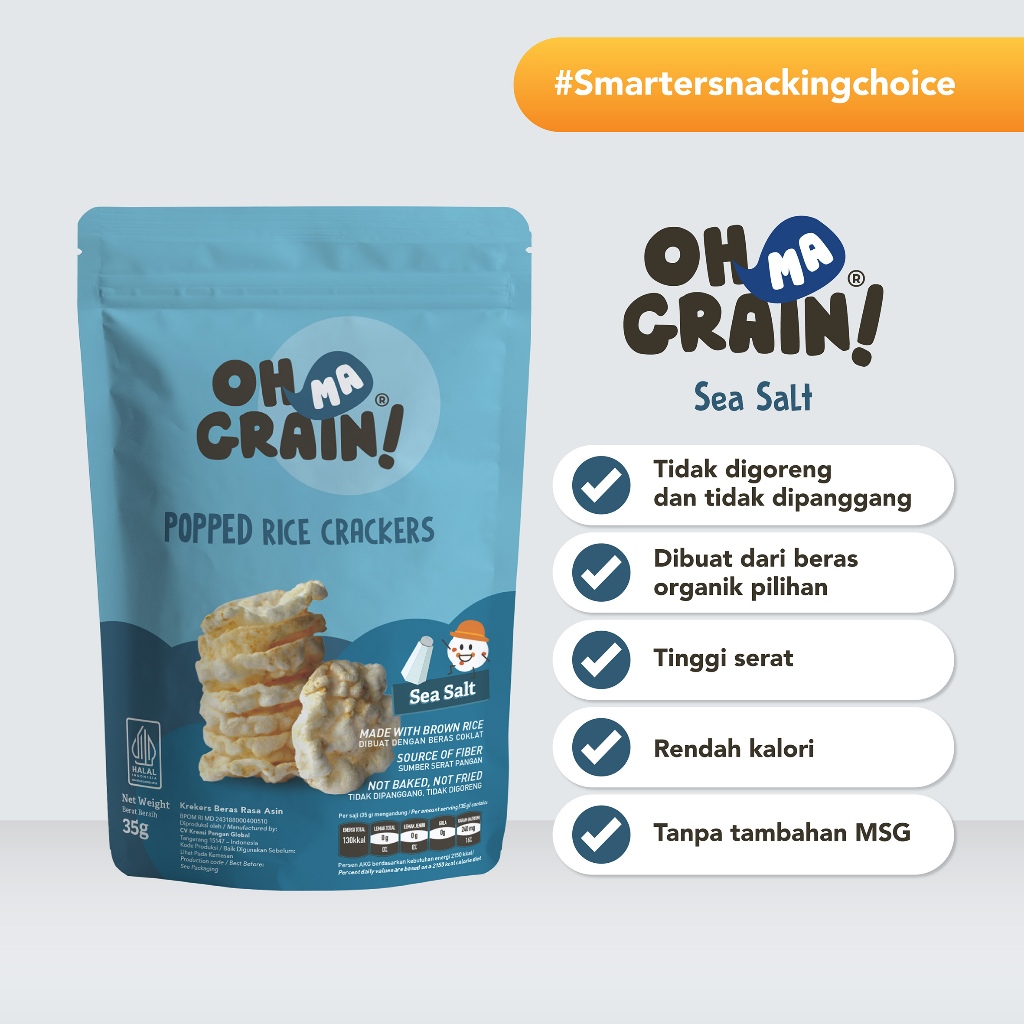 

Oh Ma Grain! - Popped Rice Crackers Sea Salt - Snack Sehat - 35gr