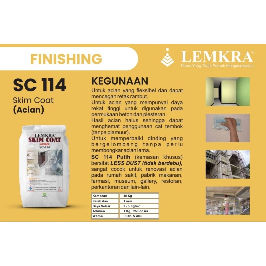 SKIM COAT ACIAN MEREK LEMKRA TYPE SC 114 ABU/PUTIH 30KG