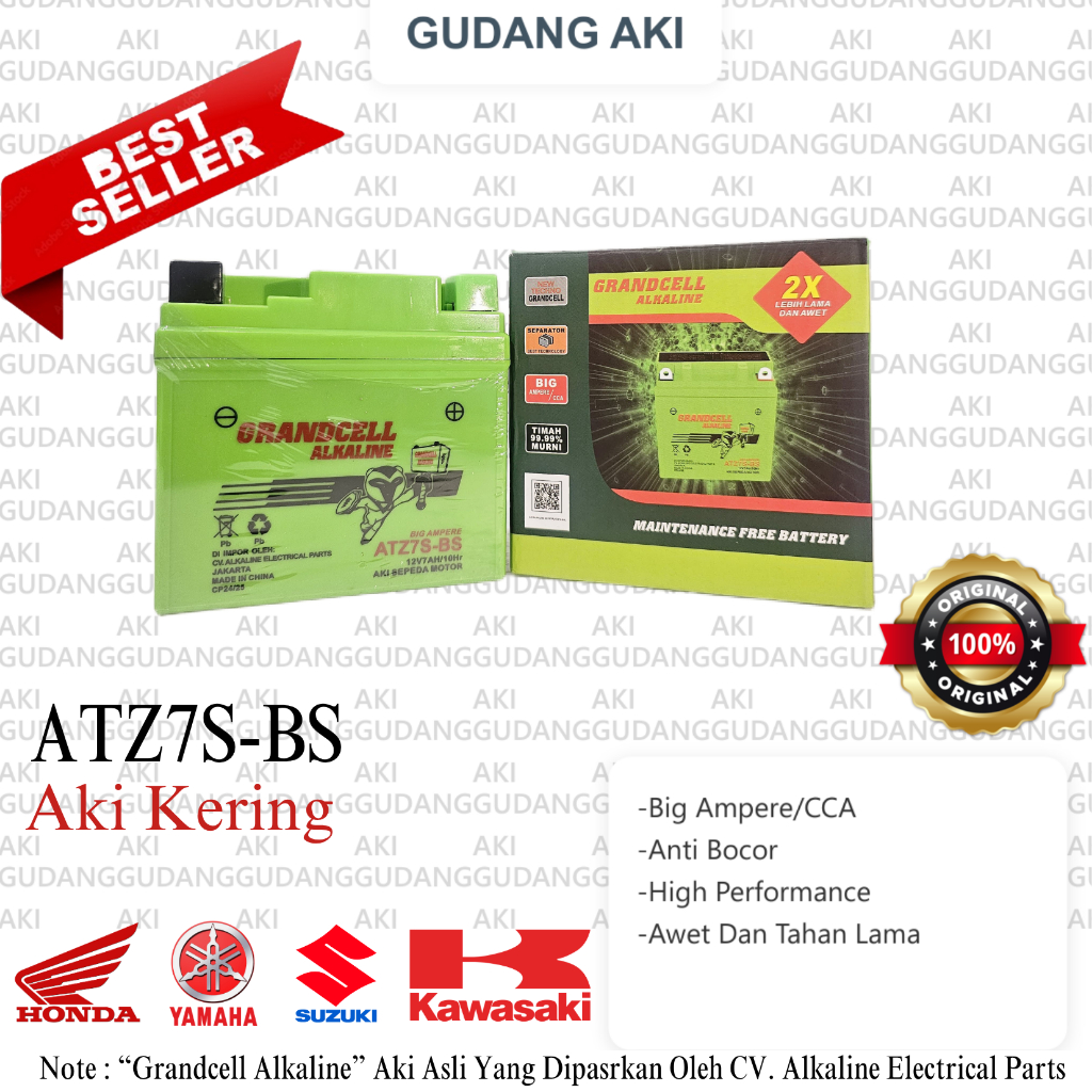 Aki Motor Grandcell Alkaline Baterai ATZ7S-BS 1.9KG CCA 210 Aki Kering Vario Beat Satria FU