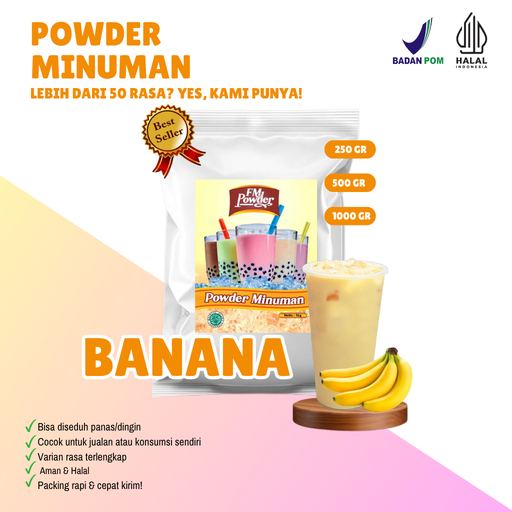 

BANANA/PISANG FM Powder Drink - Bubuk Minuman Instan Varian Rasa Buah Kemasan 500gr dan 1000gr(BPOM&HALAL) Minuman Praktis, Harga Hemat, dan Rasa Fantastis