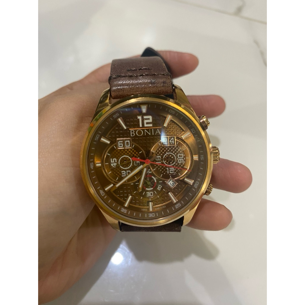 Preloved Jam Tangan Pria Bonia Brown Dial Chronograph Leather Strap Analog Original