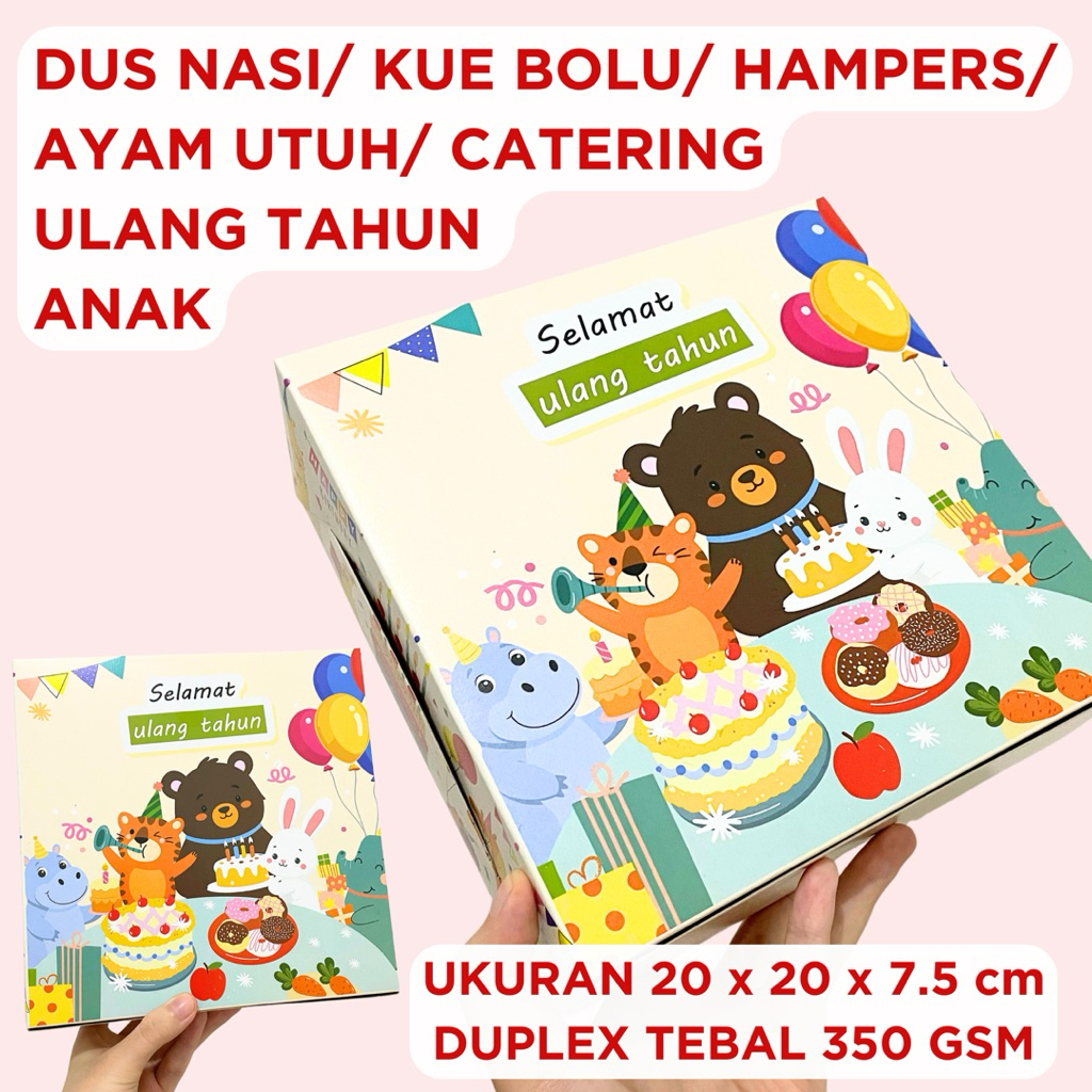 

Dus Box Nasi Kotak/ Kue/ Hampers Ulang Tahun Anak Happy Birthday Besar 20 x 20 x 7.5 cm Bolu Catering Ayam Utuh