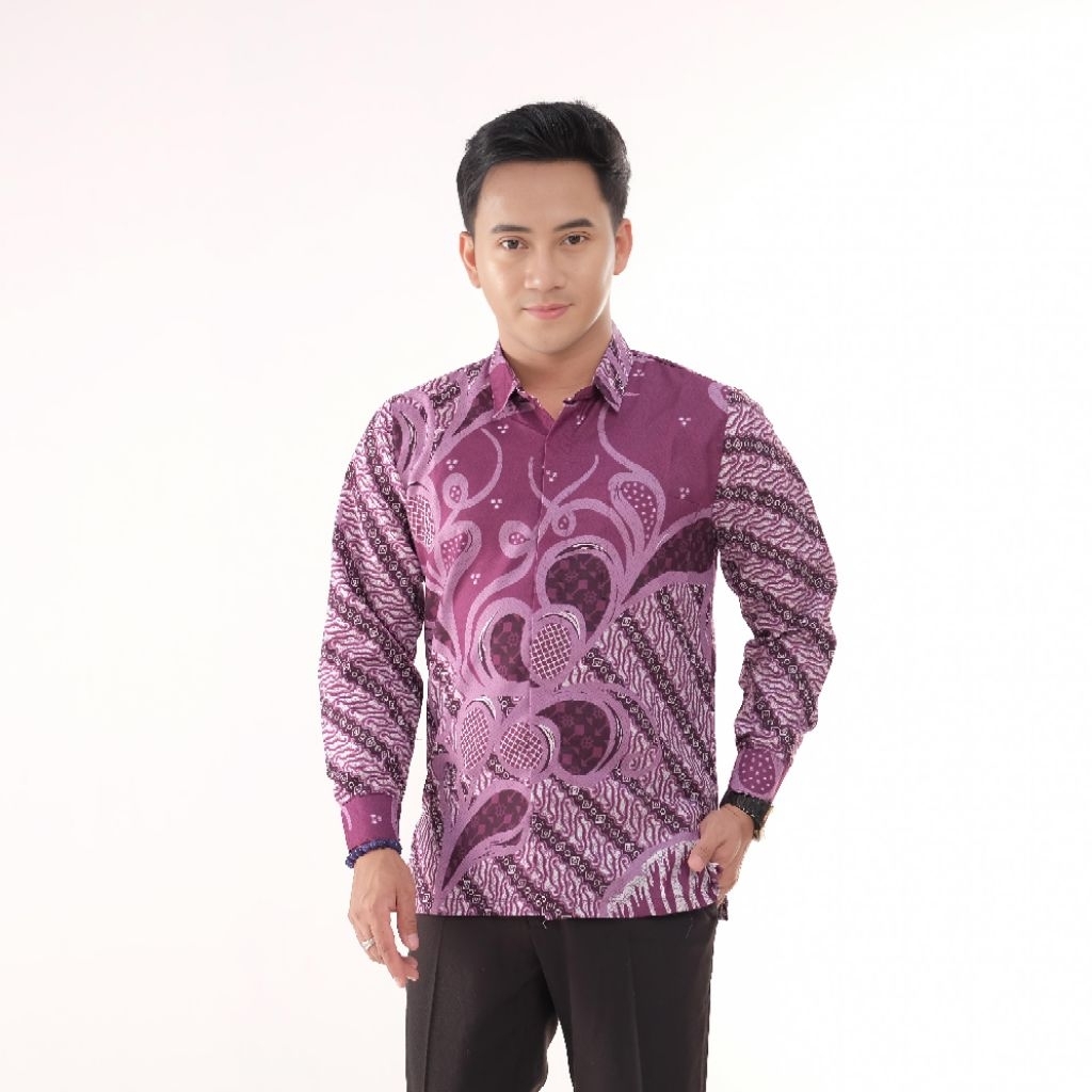 kemeja batik pria lengan panjang ungu
