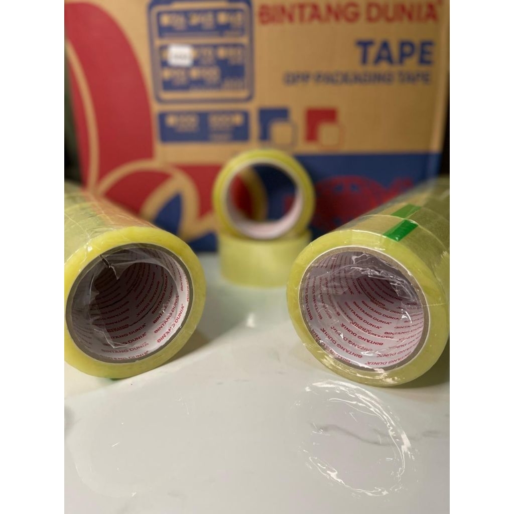 

LAKBAN BINTANG DUNIA , 45MM×90 YARD ECO 1 Slop isi 6 pcs lakban packing ,Lakban kardus, Packing barang