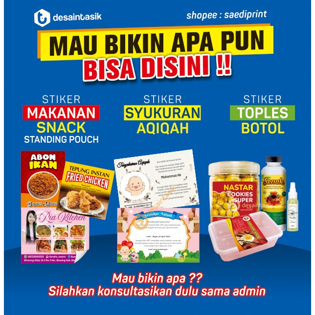 

Cetak stiker label makanan, Snack, Nasi Box, Aqiqah, Syukuran, Toples Kue, dll