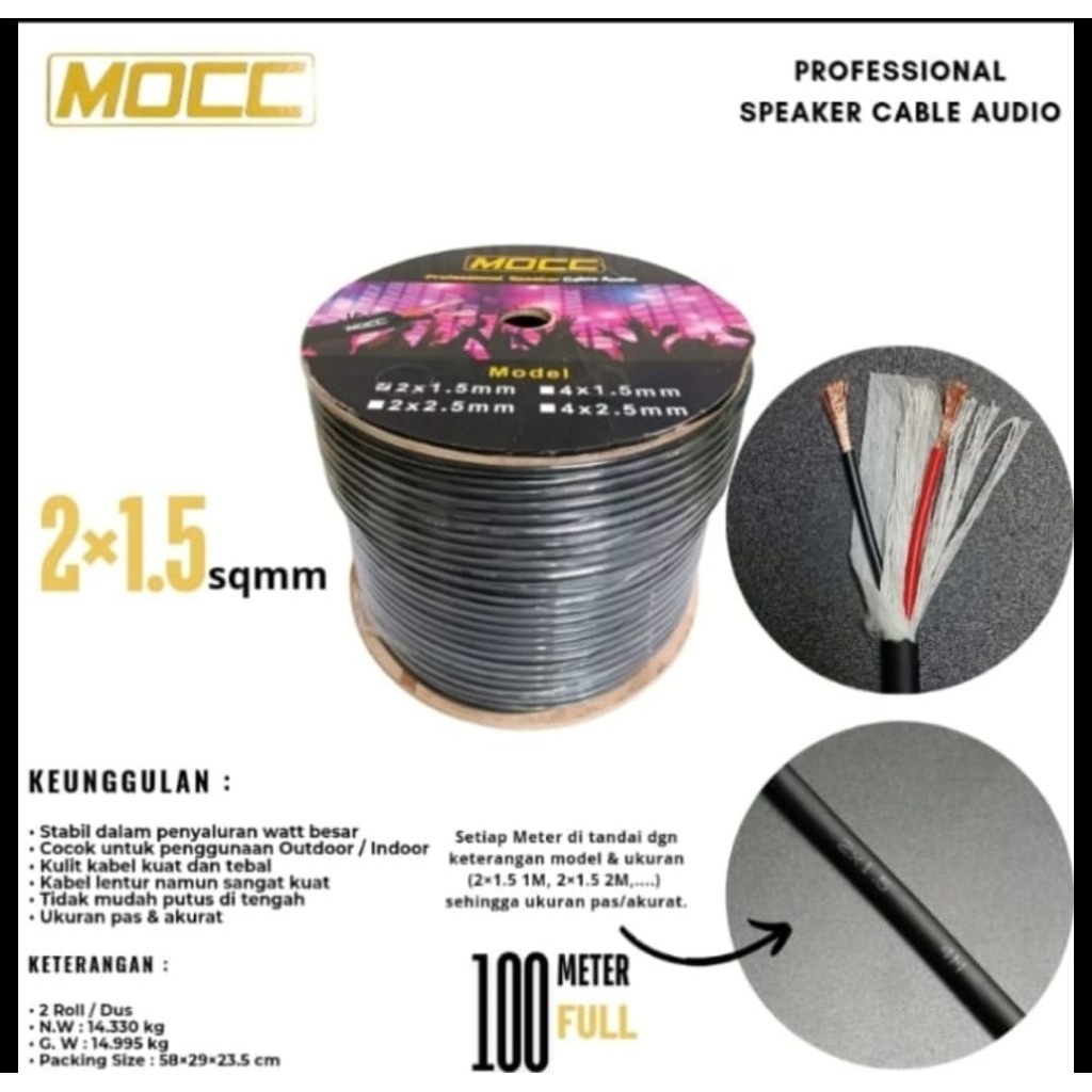 (PER METER) Kabel Speaker MOCC 2 X 1,5MM2 Professional Audio First Class 2x1,5mm2