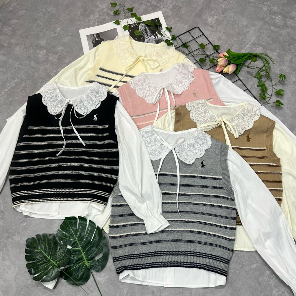 kemeja vest wanita lengan panjang,top blouse set vest rajut