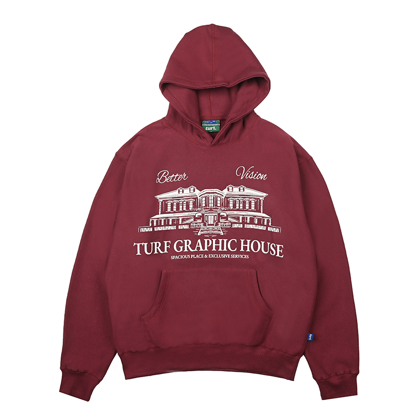 TURF - MANSION Maroon Heavyweight Cotton Fleece 330gsm Graphic Hoodie - Hoodie Katun Fleece 330gsm G