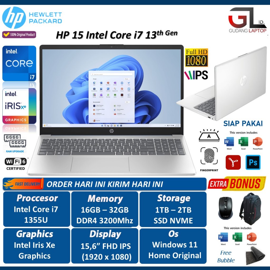 Laptop Baru Hp 15 Intel Core i7 1355U 32GB 1TB Ssd 15.6 Fhd Ips Win 11 Home Original
